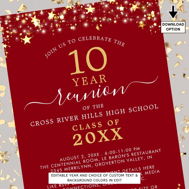 Class Reunion Red Gold Stars Lights Any Year Invitation (Creator Uploaded)