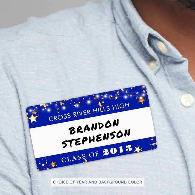 Class Reunion Royal Blue Gold Stars Name Tag (Creator Uploaded)