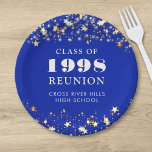 Class Reunion Royal Blue Gold Stars Personalised Paper Plate<br><div class="desc">Celebrate with classmates at your school or college class reunion with these personalised and custom colour paper plates for any graduating class (the year is editable) with your class year and school name. The design features gold stars and string lights against an editable royal blue background colour and text colours...</div>