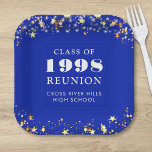 Class Reunion Royal Blue Gold Stars Personalised Paper Plate<br><div class="desc">Personalised royal blue high school or college class reunion paper plates for any graduating class (the year is editable) with your class year and school name. The design features gold stars and string lights against an editable royal blue background colour you can change to your school colour. CHANGES: The background...</div>