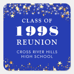 Class Reunion Royal Blue Gold Stars Personalised Square Sticker