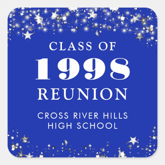 Class Reunion Royal Blue Silver Stars Personalised Square Sticker (Front)