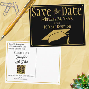 Class Reunion Save The Date Black Gold QR Code Postcard