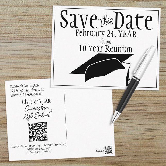 Class Reunion Save The Date Black White QR Code Postcard (Creator Uploaded)