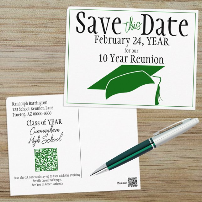 Class Reunion Save The Date Green Grad Cap QR Code Postcard (Creator Uploaded)