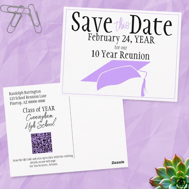 Class Reunion Save The Date Lavender Cap QR Code Postcard (front and back post card template)