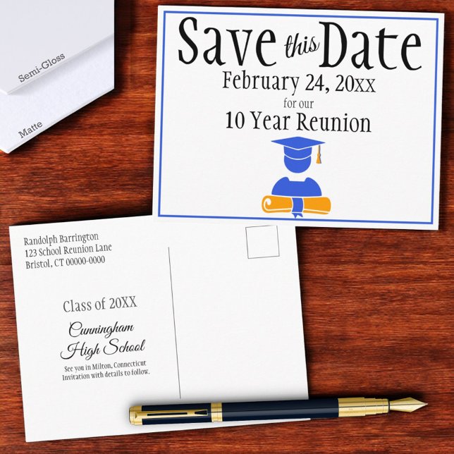 Class Reunion Save The Date Minimalist Blue Orange Postcard (Save the Date announcement front and back)