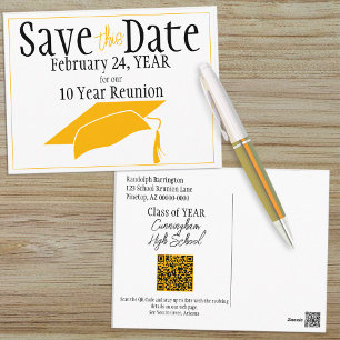 Class Reunion Save The Date Orange Cap QR Code Postcard