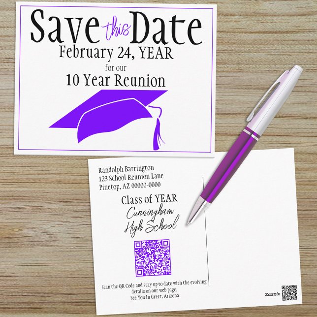 Class Reunion Save The Date Purple Cap QR Code Postcard (Creator Uploaded)