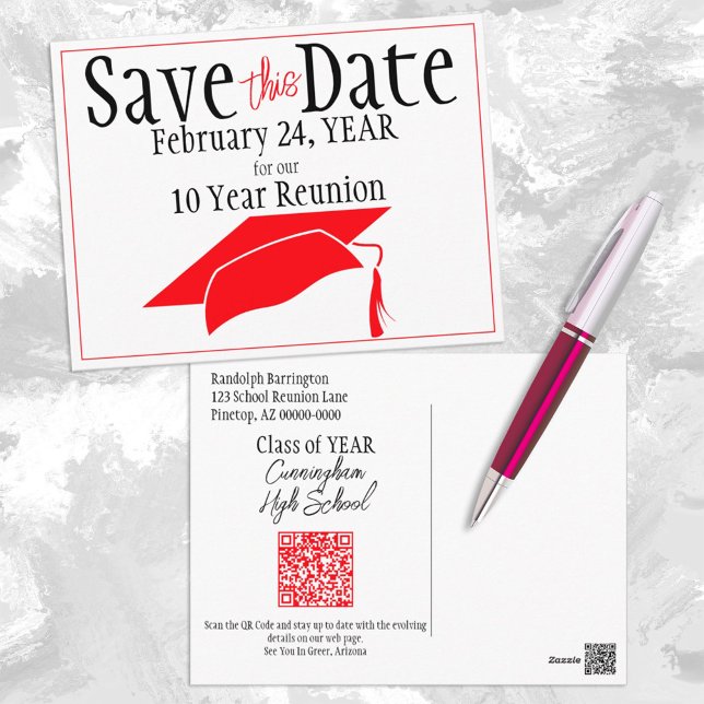 Class Reunion Save The Date Red Grad Cap QR Code Postcard (Creator Uploaded)