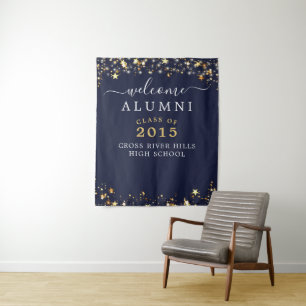 Class Reunion Welcome Alumni Navy Blue Gold Stars Tapestry