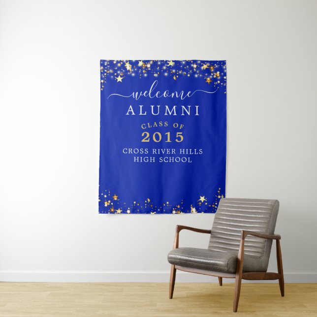 Class Reunion Welcome Alumni Royal Blue Gold Stars Tapestry (In Situ)