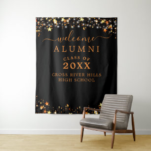 Class Reunion Welcome Black Orange Stars Confetti Tapestry