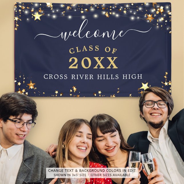 Class Reunion Welcome Navy Blue Gold Stars Banner (Creator Uploaded)