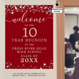 Class Reunion Welcome Red Silver Stars Script Poster