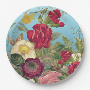 Class Roses Red, Burgandy, Yellow, Teal Backed Paper Plate