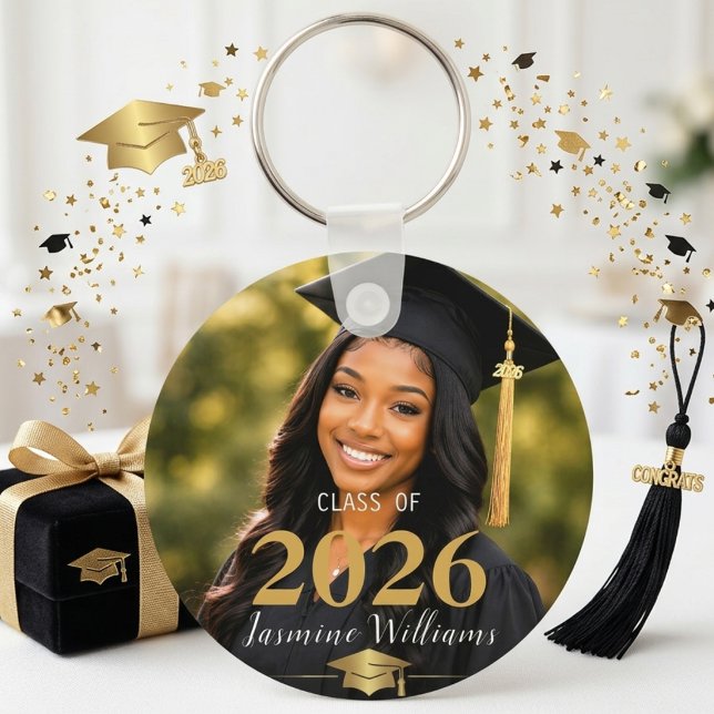 Class Year Black Gold Graduation Portrait Key Ring (Creator Uploaded)