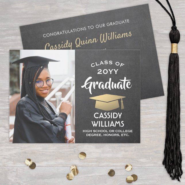 Class Year Chalkboard Grey & Gold Graduation Photo Invitation (Creator Uploaded)