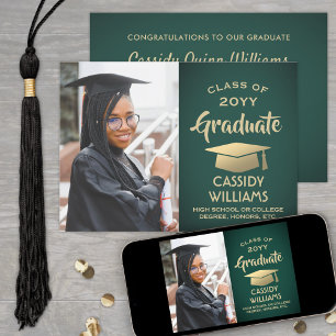 Class Year Green and Gold Modern Graduation Photo Invitation