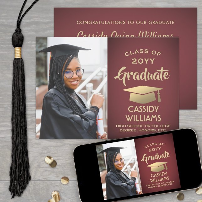Class Year Modern Burgundy & Gold Graduation Photo Invitation (Creator Uploaded)