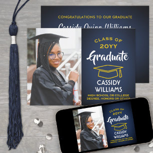 Class Year Navy Blue and Gold Graduation Photo Invitation