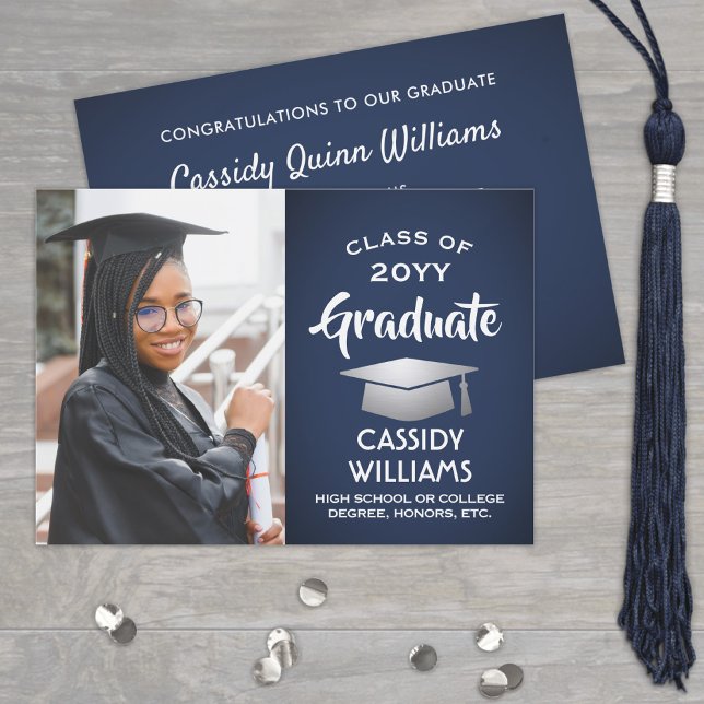 Class Year Navy Blue and White Graduation Photo Invitation (Creator Uploaded)