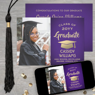 Class Year Purple and Gold Modern Graduation Photo Invitation