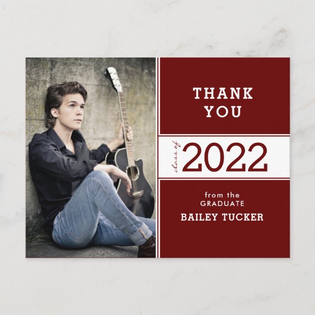 Class Year Red Burgundy Photo Graduation Thank You Postcard (Front)