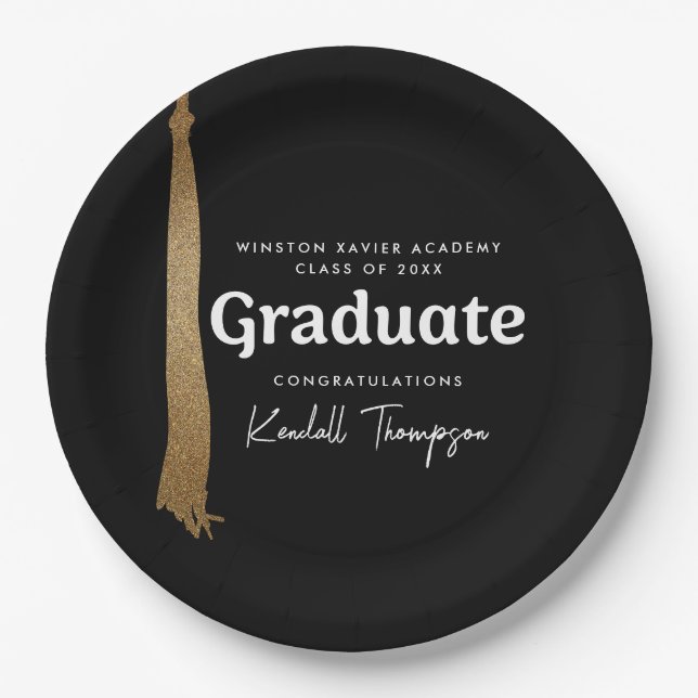 Class Year School graduate black gold tassel Paper Plate (Front)