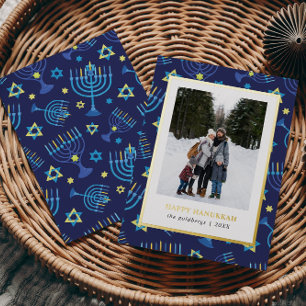 Classi Blue gold Menorah Stars 3 Photos Hanukkah Foil Holiday Card