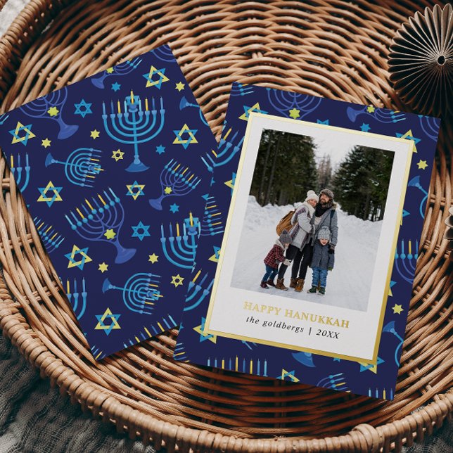 Classi Blue gold Menorah Stars 3 Photos Hanukkah Foil Holiday Card (Creator Uploaded)