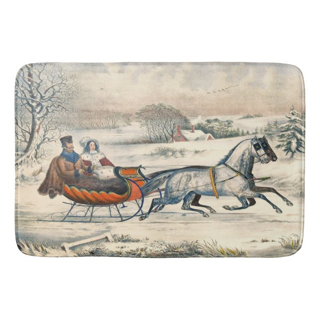 Classic 1853 Sleigh Ride Currier Ives Road Winter Bath Mat (Front)
