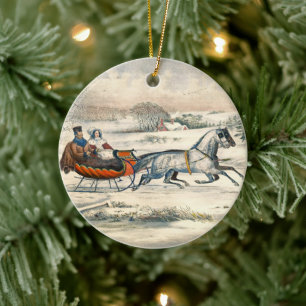 Classic 1853 Sleigh Ride Currier Ives Road Winter Ceramic Ornament