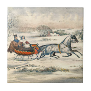 Classic 1853 Sleigh Ride Currier Ives Road Winter Ceramic Tile