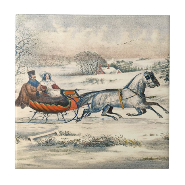 Classic 1853 Sleigh Ride Currier Ives Road Winter Ceramic Tile (Front)