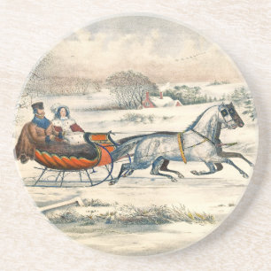Classic 1853 Sleigh Ride Currier Ives Road Winter Coaster