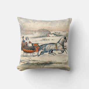 Classic 1853 Sleigh Ride Currier Ives Road Winter Cushion
