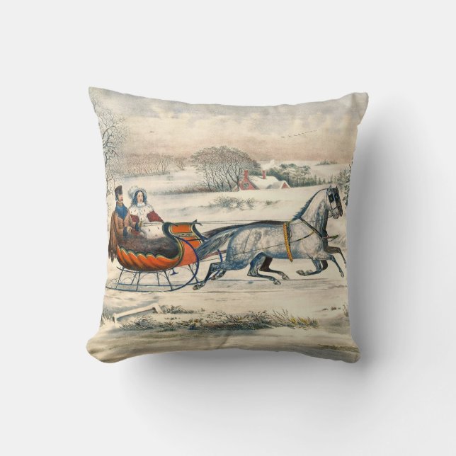 Classic 1853 Sleigh Ride Currier Ives Road Winter Cushion (Front)