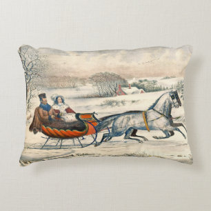 Classic 1853 Sleigh Ride Currier Ives Road Winter Decorative Cushion