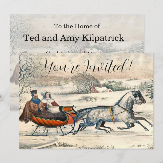 Classic 1853 Sleigh Ride Currier Ives Road Winter Invitation (Front/Back)