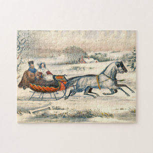Classic 1853 Sleigh Ride Currier Ives Road Winter Jigsaw Puzzle