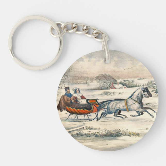 Classic 1853 Sleigh Ride Currier Ives Road Winter Key Ring (Front)