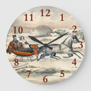 Classic 1853 Sleigh Ride Currier Ives Road Winter Large Clock