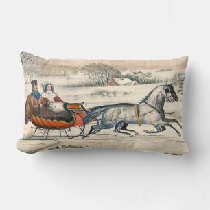 Classic 1853 Sleigh Ride Currier Ives Road Winter Lumbar Cushion