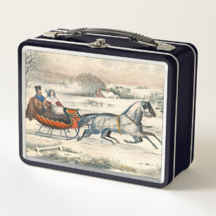 Classic 1853 Sleigh Ride Currier Ives Road Winter Metal Lunch Box