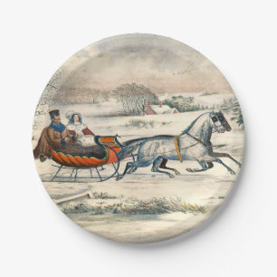 Classic 1853 Sleigh Ride Currier Ives Road Winter Paper Plate