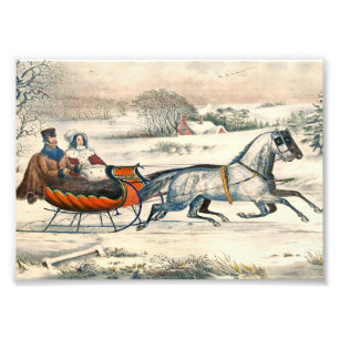 Classic 1853 Sleigh Ride Currier Ives Road Winter Photo Print