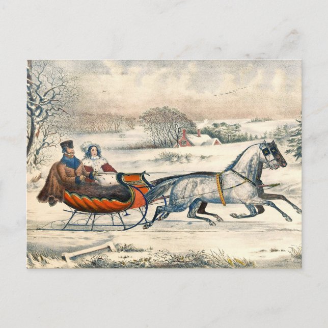 Classic 1853 Sleigh Ride Currier Ives Road Winter Postcard (Front)
