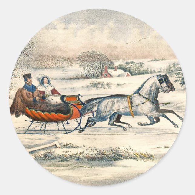Classic 1853 Sleigh Ride Currier Ives Road Winter Round Sticker (Front)