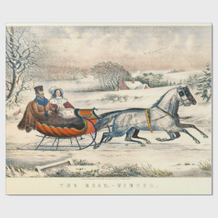Classic 1853 Sleigh Ride Currier Ives Road Winter Wrapping Paper